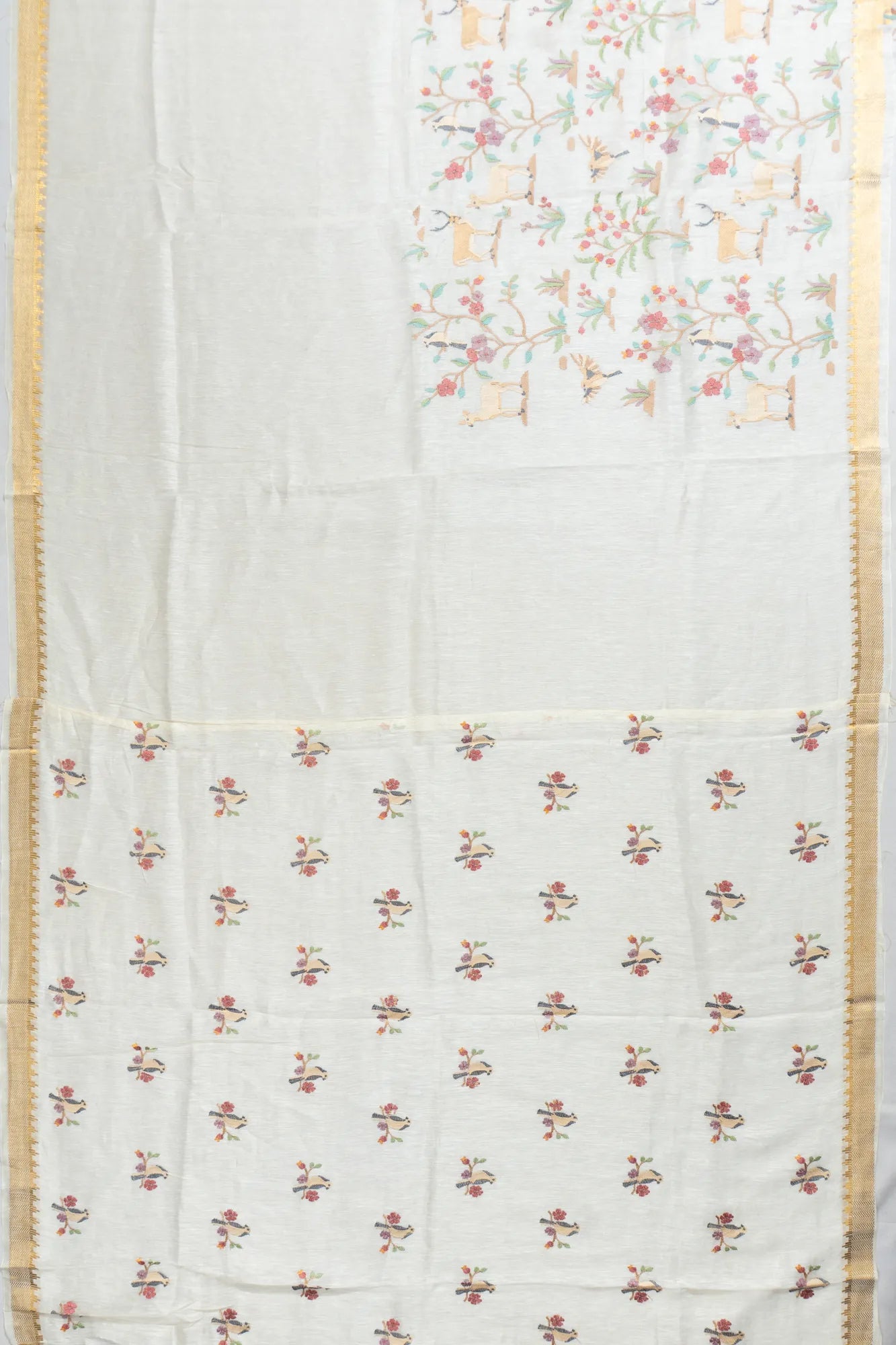 Linen Embroidery Pastel White Saree