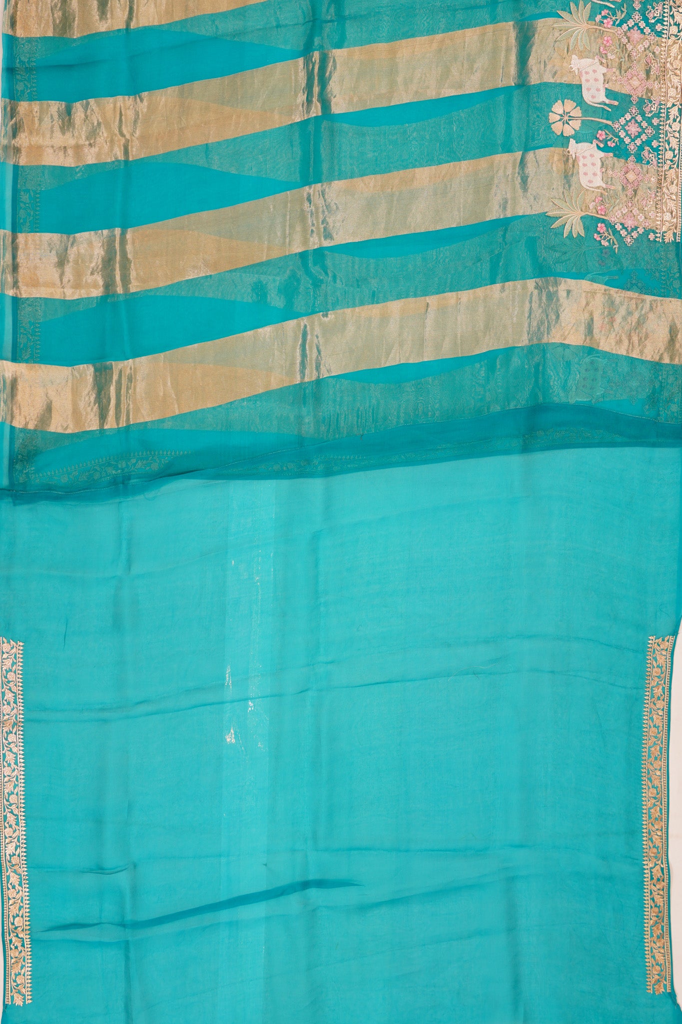 Organza Vertical Lines Sky Blue Saree With Pichwai Embroidery Border