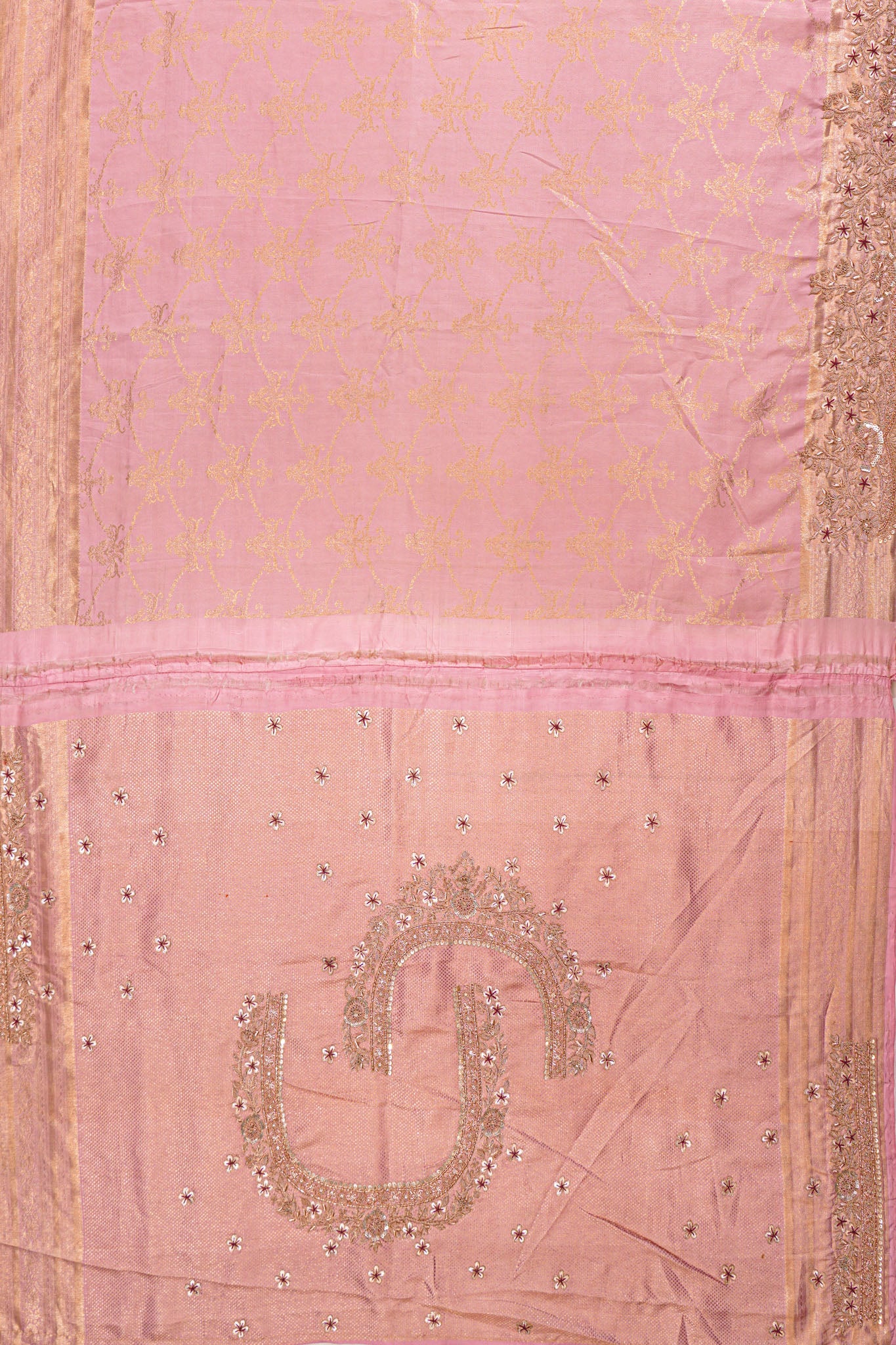 Zardosi Work Kanchipuram Silk Tissue Jaal Baby Pink Saree With Scallop Border