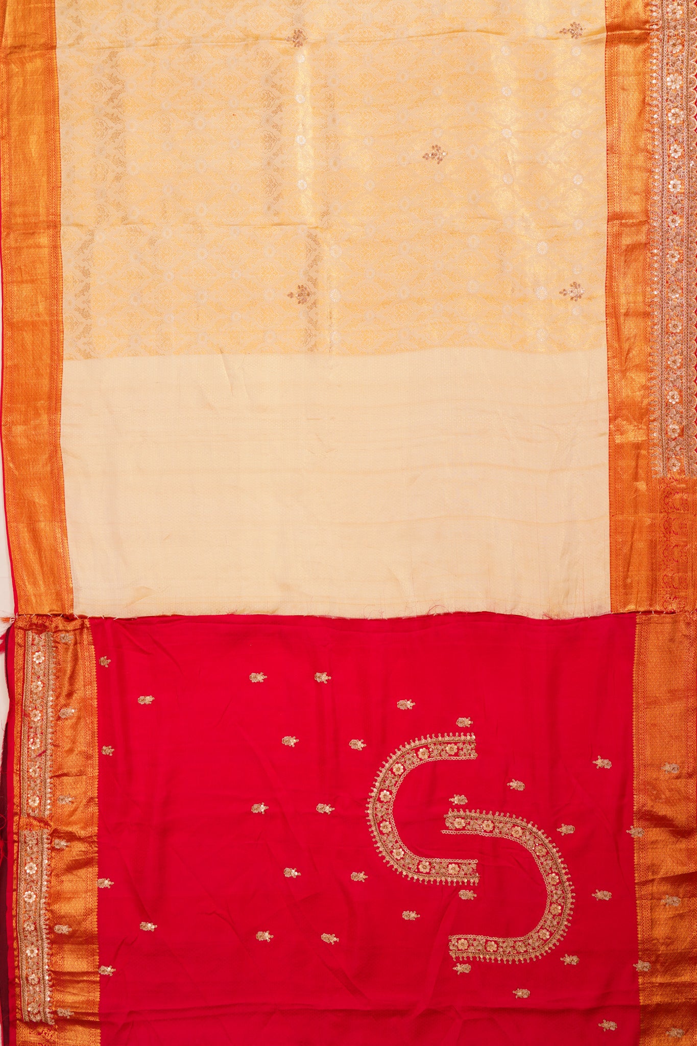 Zardosi Work Kanchipuram Silk Brocade Cream Saree