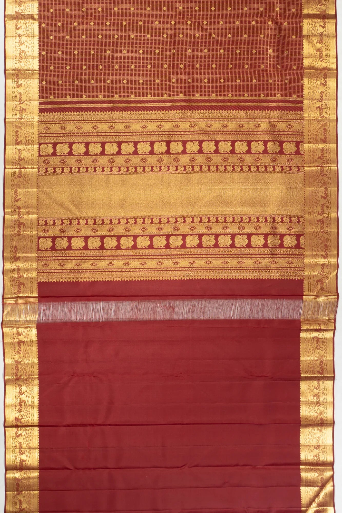 Kanchipuram Silk Checks And Butta Maroon Saree