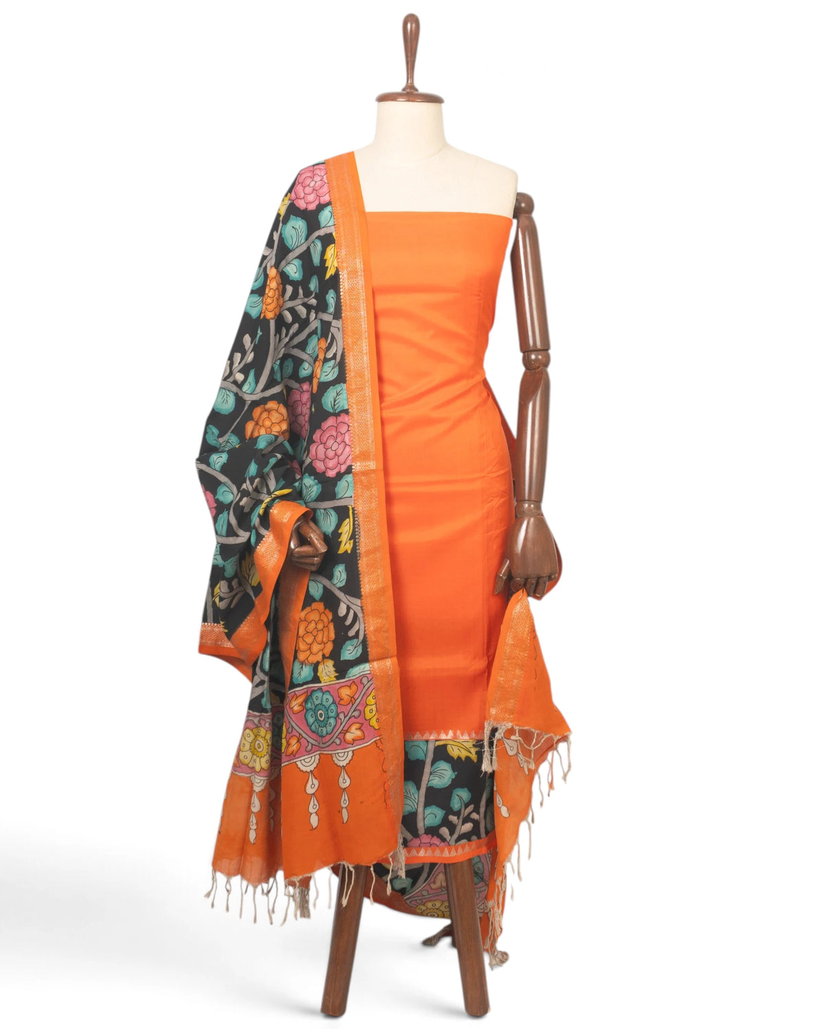 Kalamkari Silk Plain Orange Salwar Suit Set Set W/O Bottom