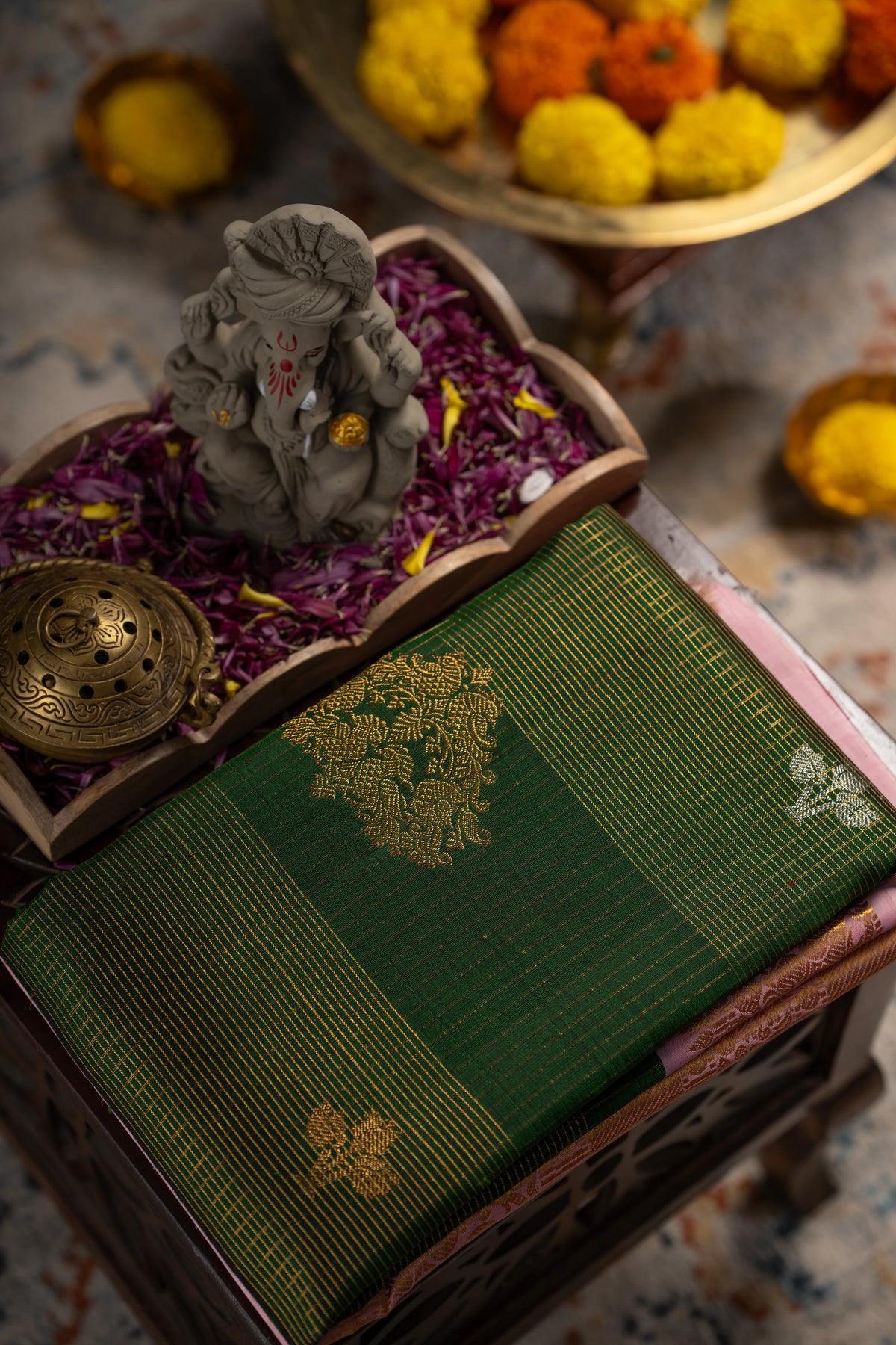 Classic Kanchipuram Silk Checks And Butta Bottle Green Saree