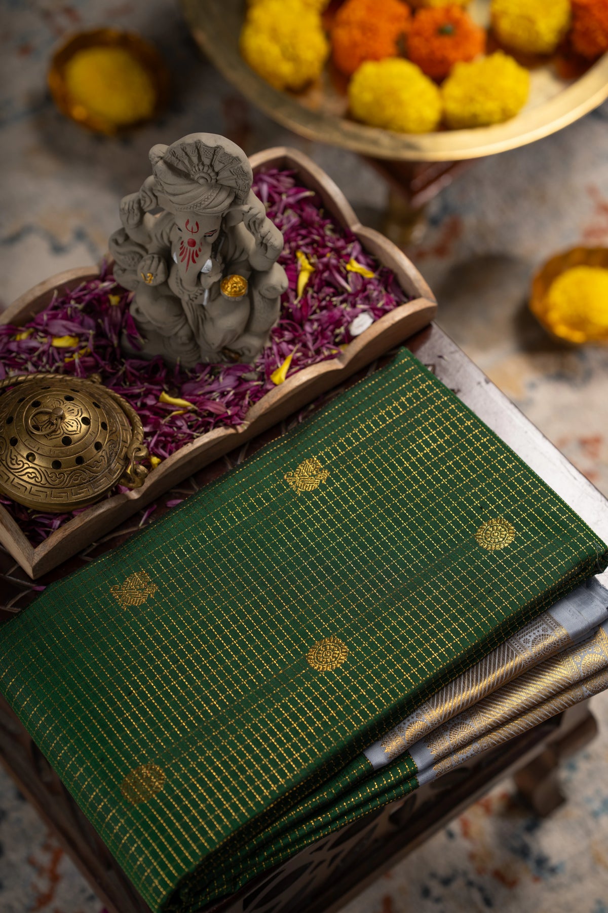 Kanchipuram Silk Checks And Butta Green Saree
