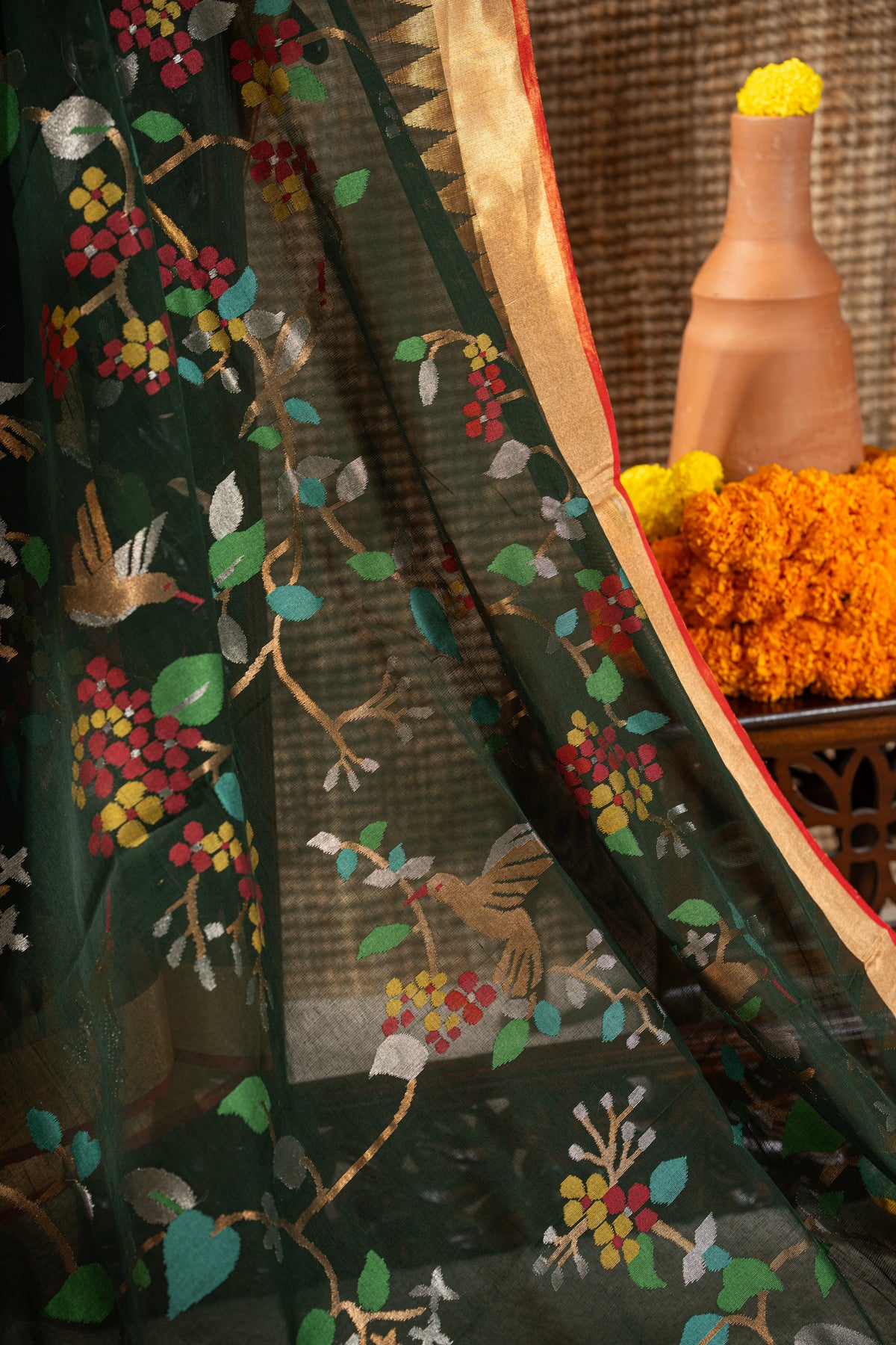 Ponduru Handspun Cotton All Over Jamdani Jaal Dark Green Saree