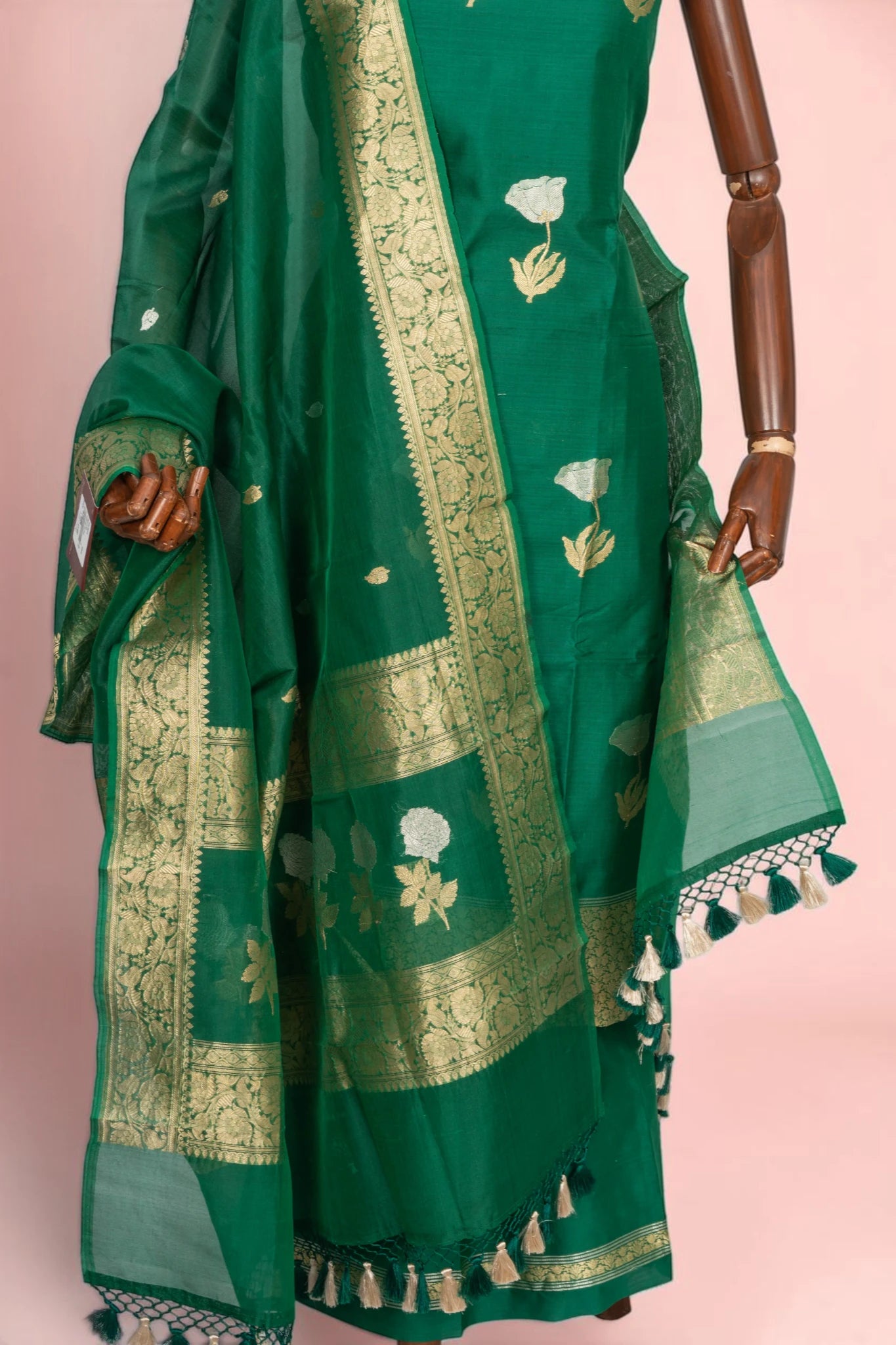 Banarasi Silk Butta Green Salwar Suit Set With Organza Dupatta