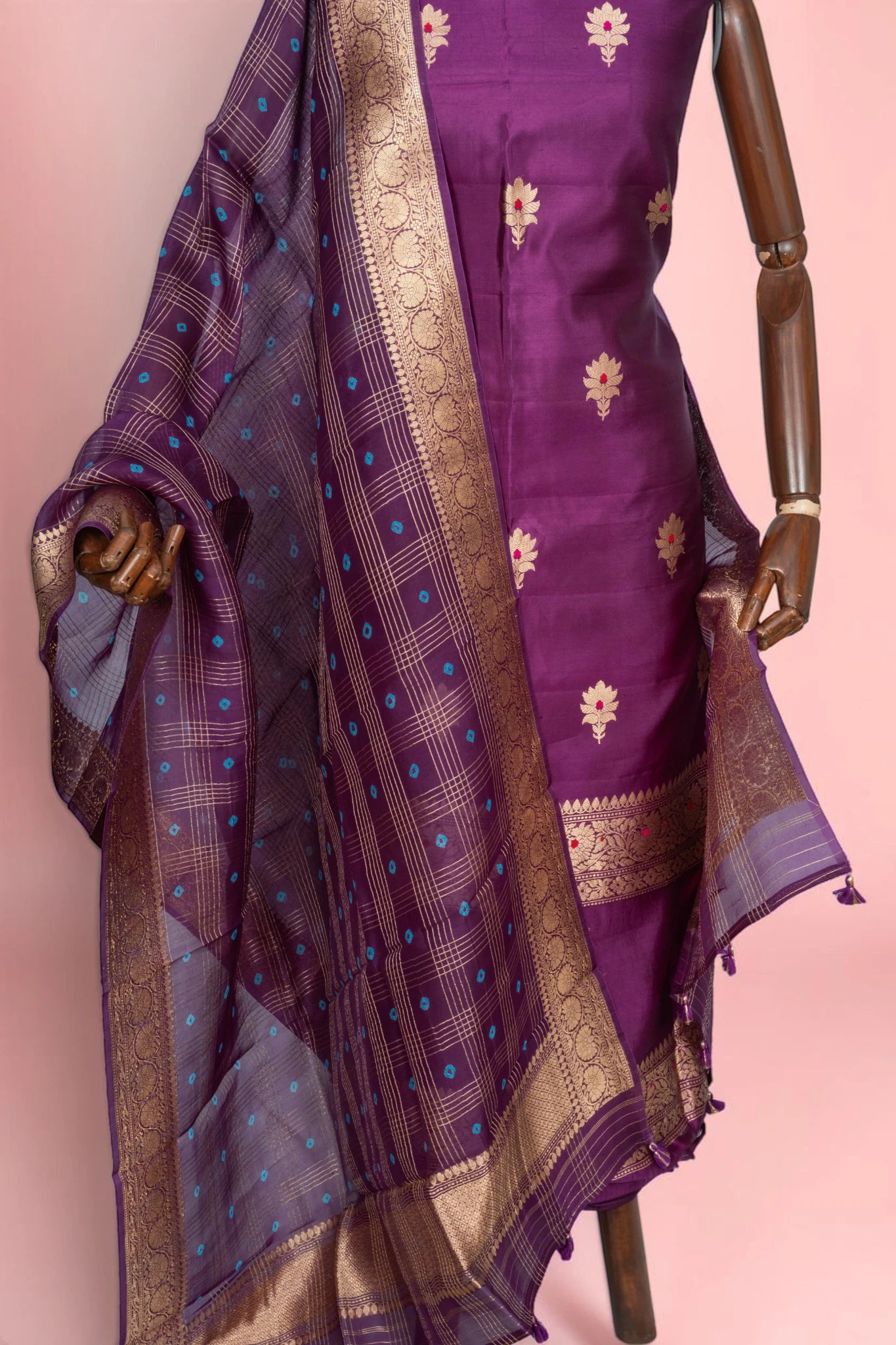 Banarasi Silk Butta Purple Salwar Suit Set With Organza Dupatta