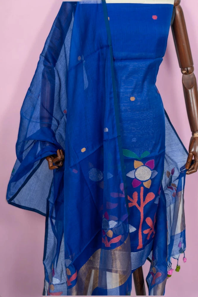 Phulia Cotton Jamdani Butta Royal Blue Salwar Suit Set