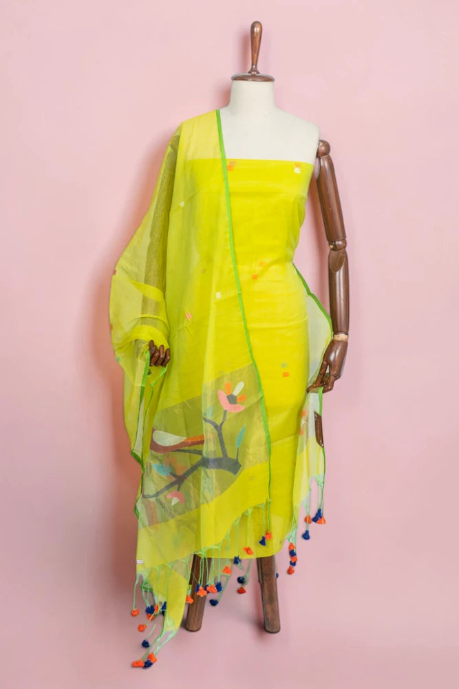 Phulia Cotton Jamdani Butta Parrot Green Salwar Suit Set