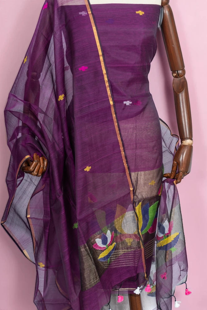 Phulia Cotton Jamdani Butta Dark Purple Salwar Suit Set
