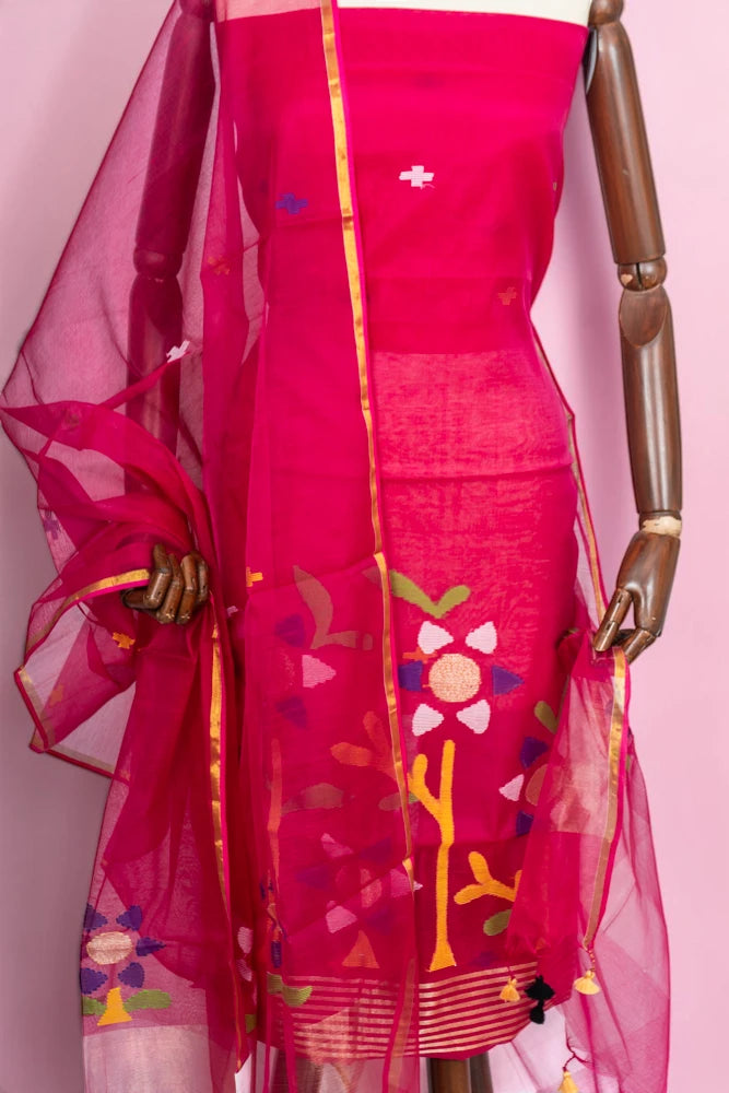 Phulia Cotton Jamdani Butta Dark Pink Salwar Suit Set