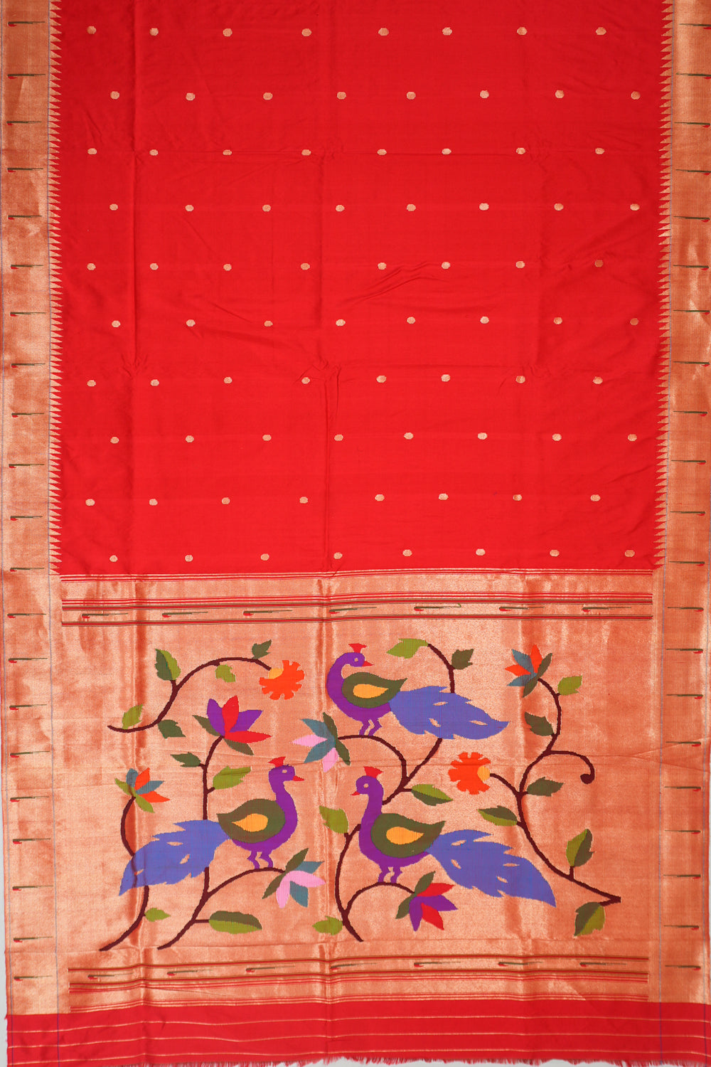 Paithani Silk Butta Red Saree With Single Muniya Border