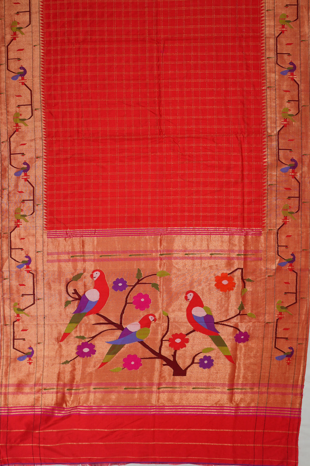 Paithani Silk Checks Red Saree With Akruthi Border