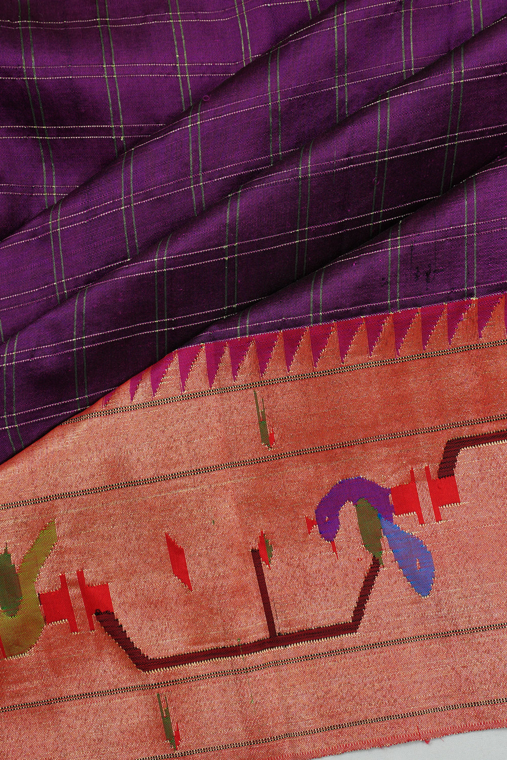 Paithani Silk Checks Purple Saree With Akruthi Border