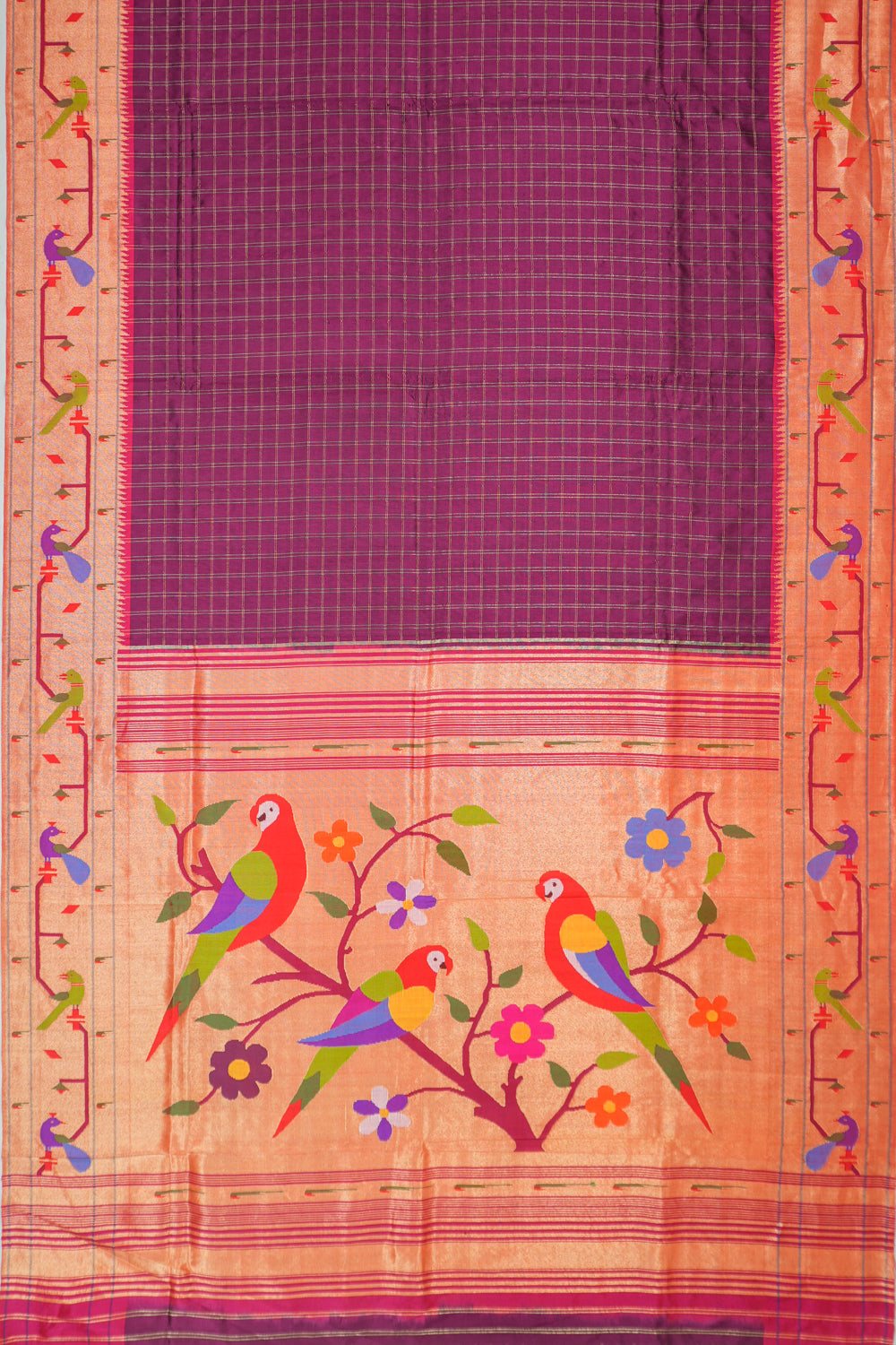 Paithani Silk Checks Purple Saree With Akruthi Border
