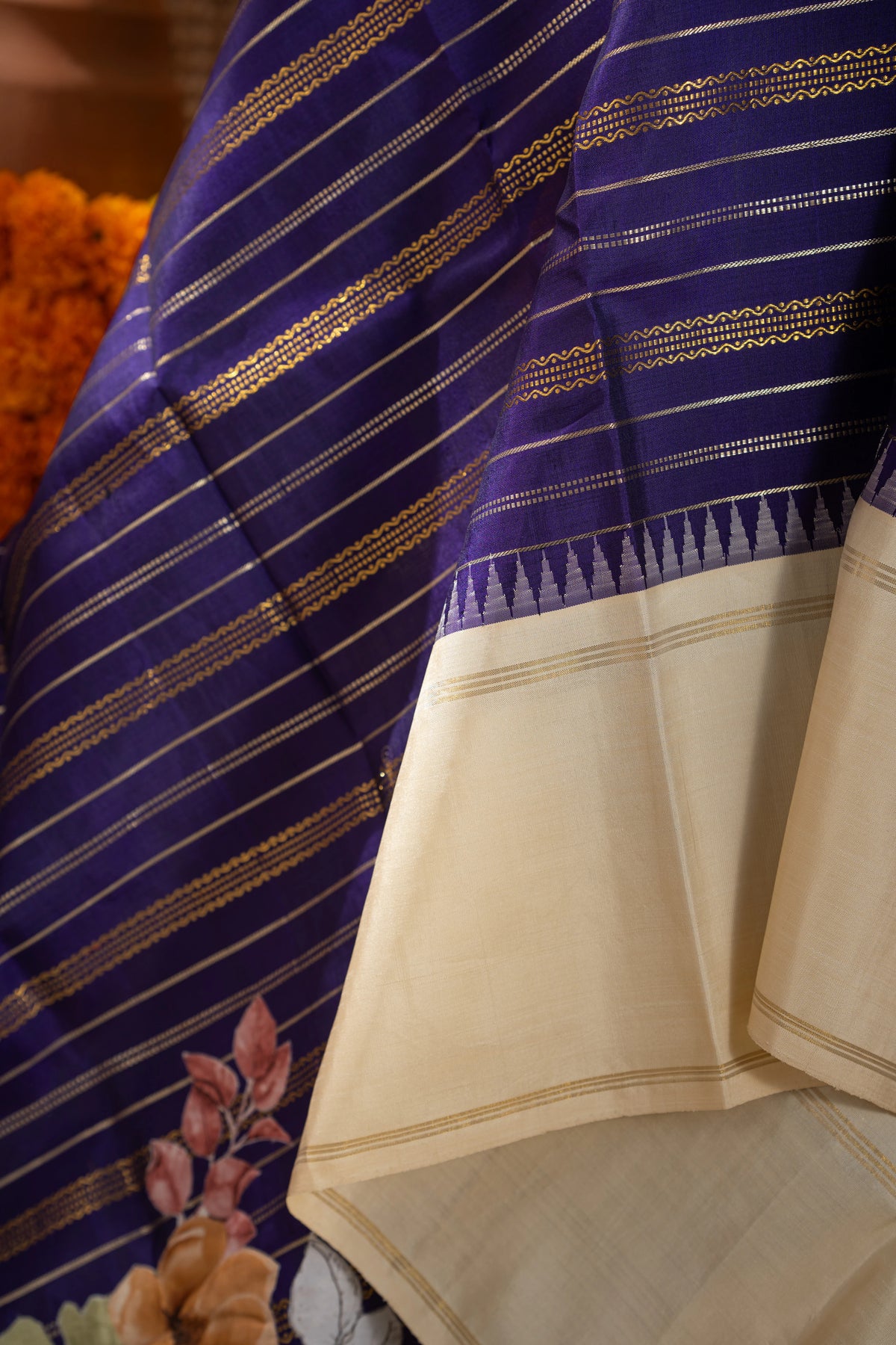 Kanchipuram Silk Brocade Dark Blue Saree With Applique Work