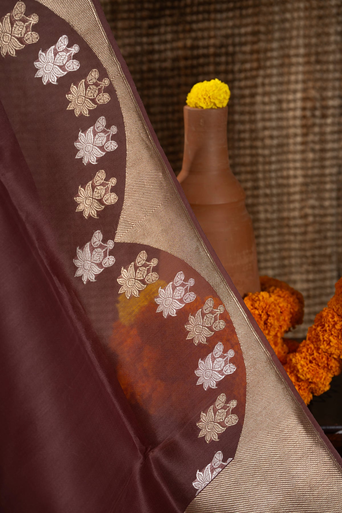Banarasi Kora Organza Butta Brown Saree