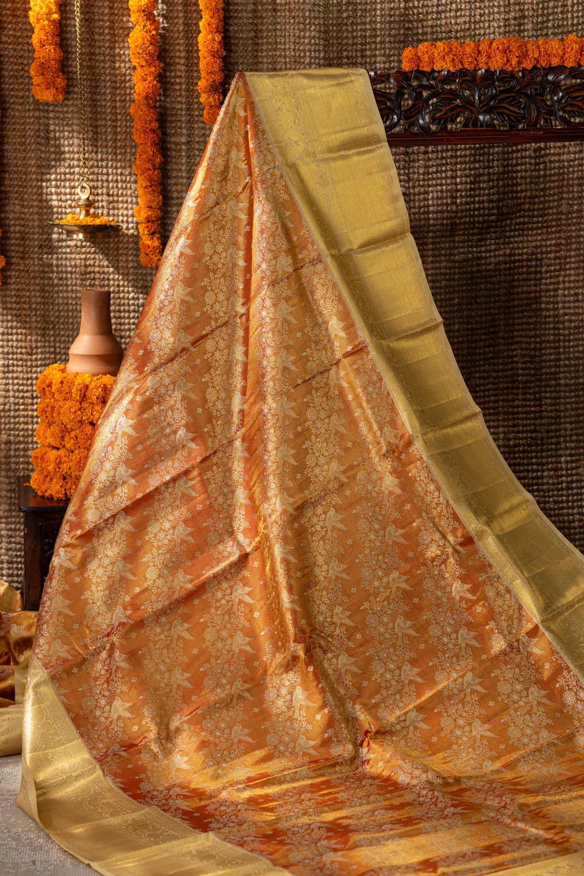 Kanchipuram Silk Tissue Jaal Red Saree