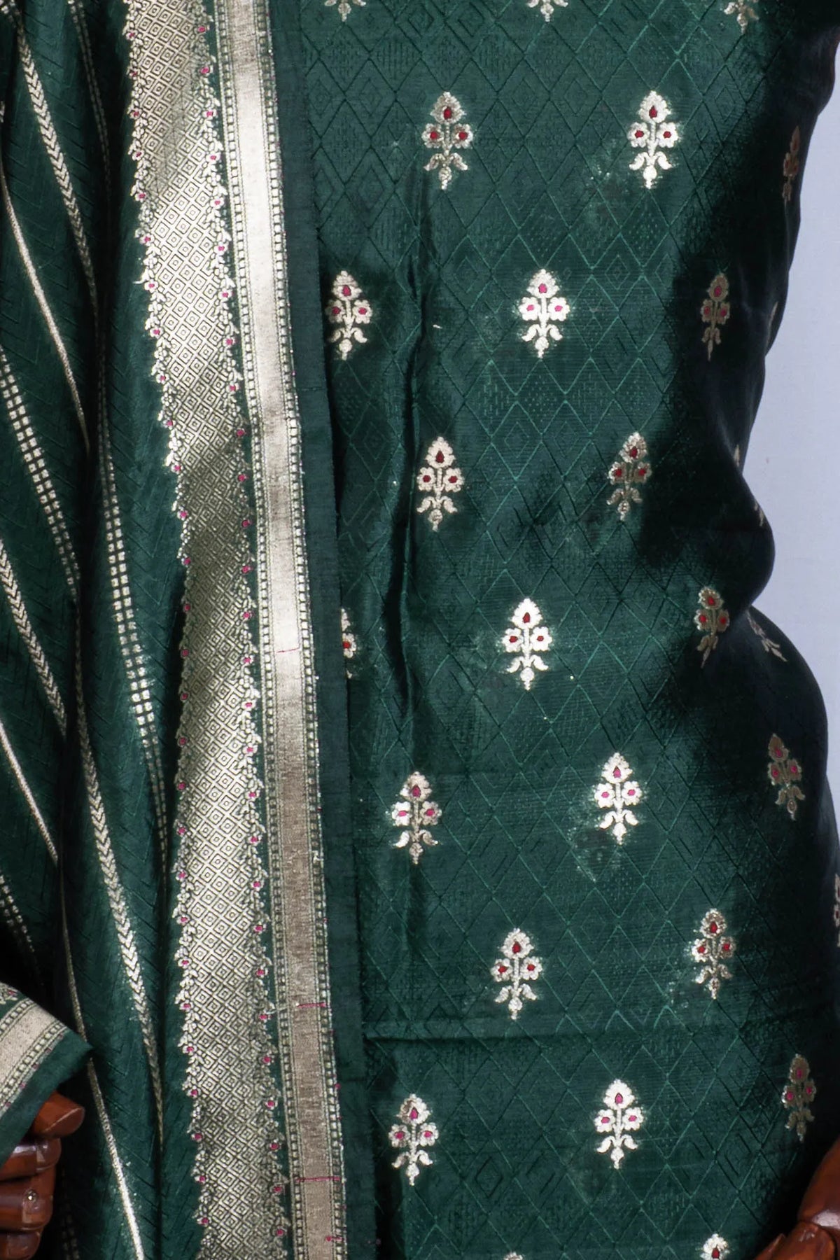 Vaanya Banaras Silk Butta Bottle Green Salwar Suit Set W/O Bottom