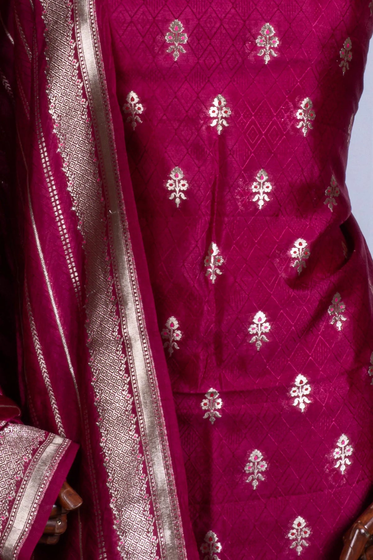 Vaanya Banaras Silk Butta Magenta Pink Salwar Suit Set W/O Bottom