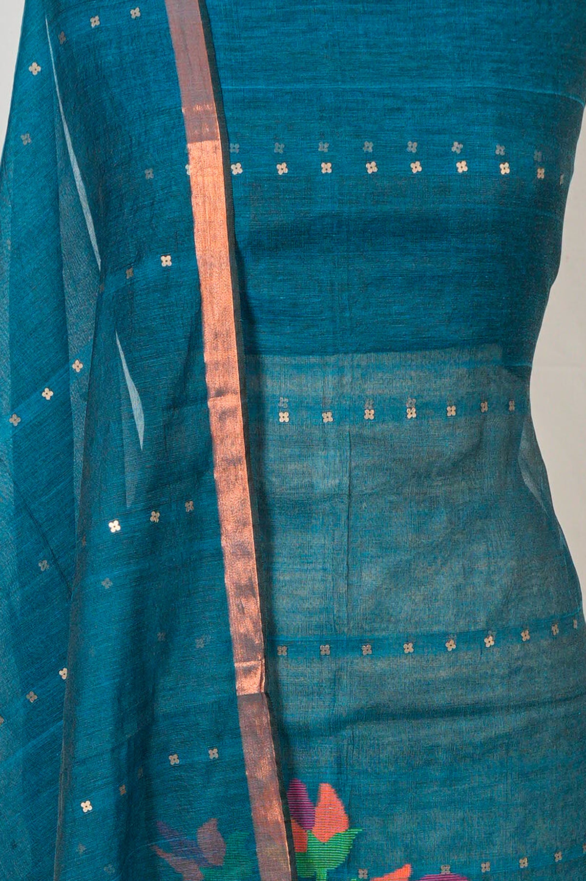 Dhakai Handspun Cotton Jamdani Teal Blue Salwar Suit Set W/O Bottom