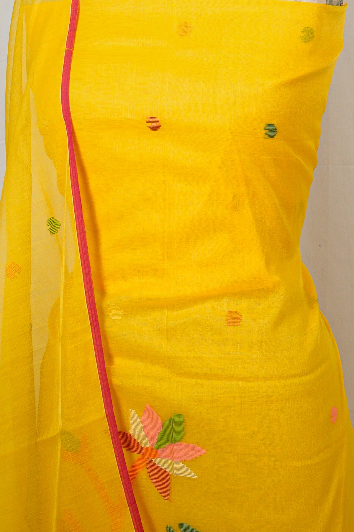 Dhakai Handspun Cotton Jamdani Yellow Salwar Suit Set W/O Bottom