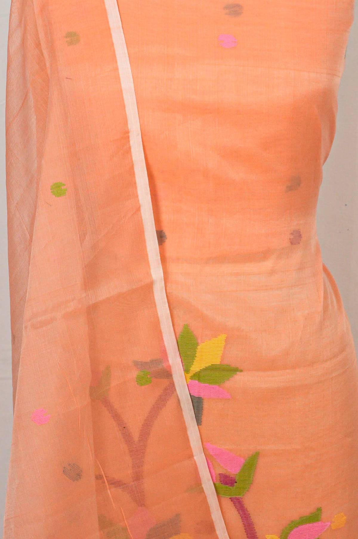 Dhakai Handspun Cotton Jamdani Pastel Orange Salwar Suit Set W/O Bottom