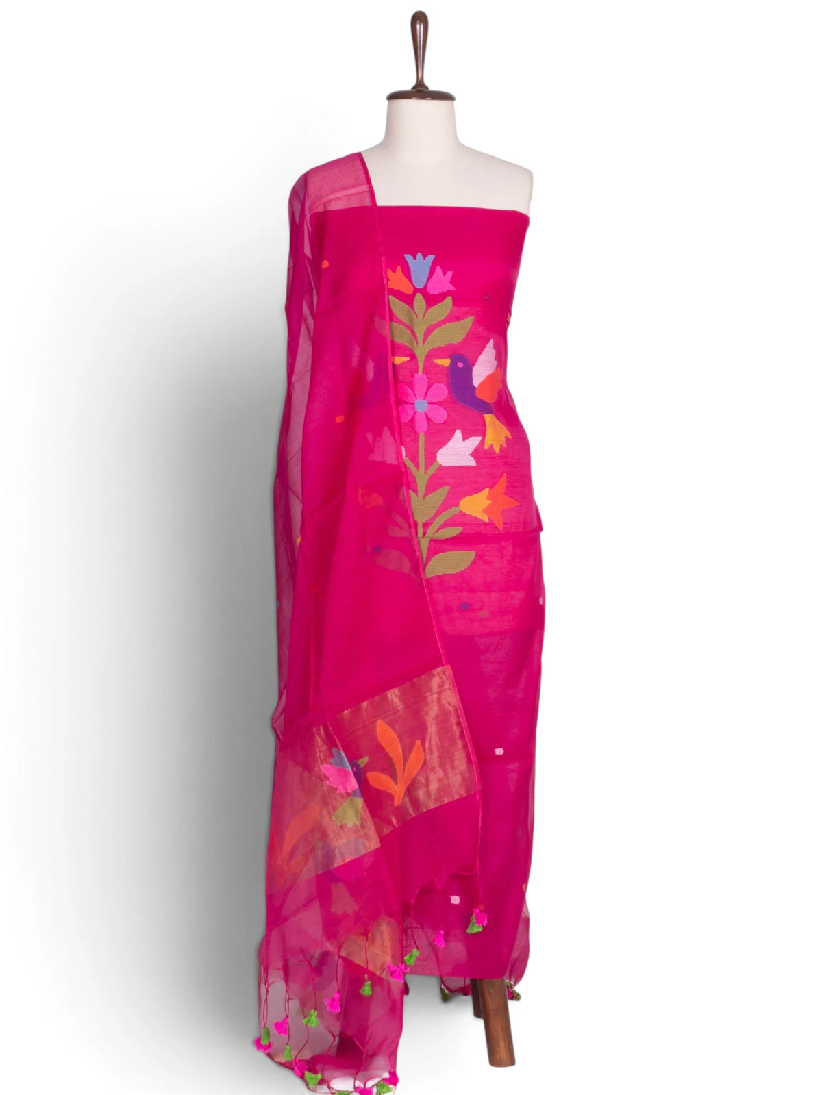 Phulia Cotton Jamdani Rani Pink Salwar Suit Set W/O Bottom