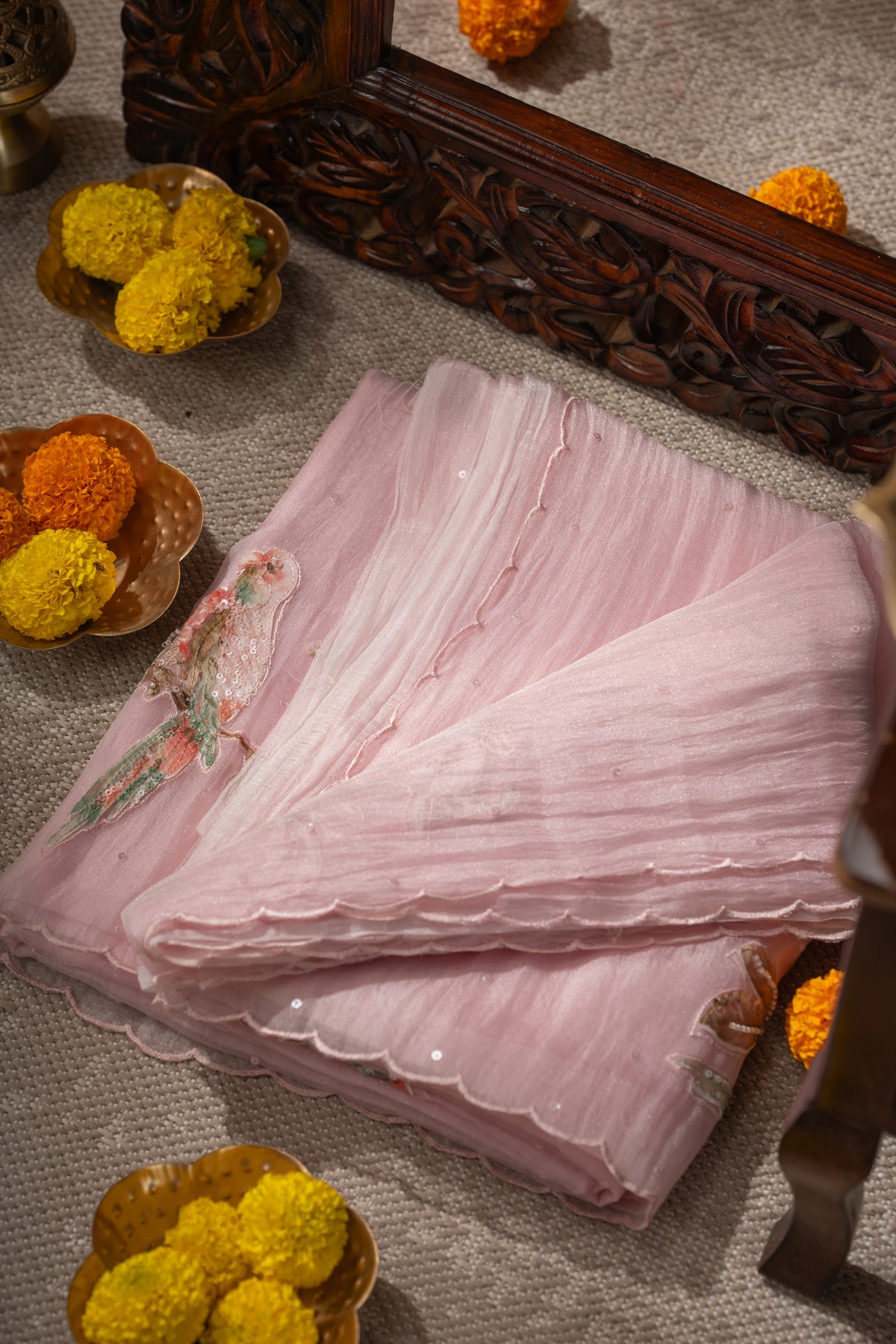 Organza Sequin Pastel Pink Saree With Scallop Border