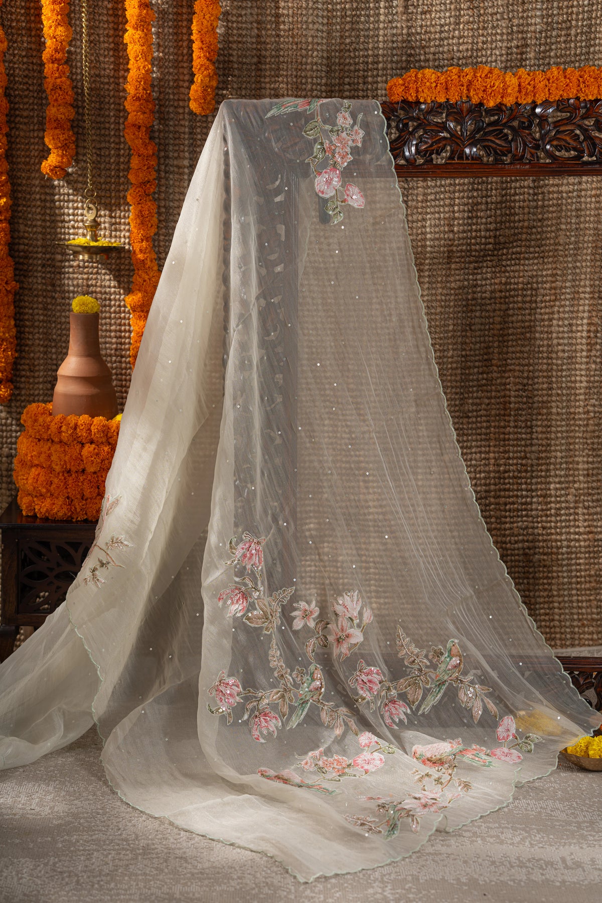 Organza Sequin Pastel Green Saree With Scallop Border