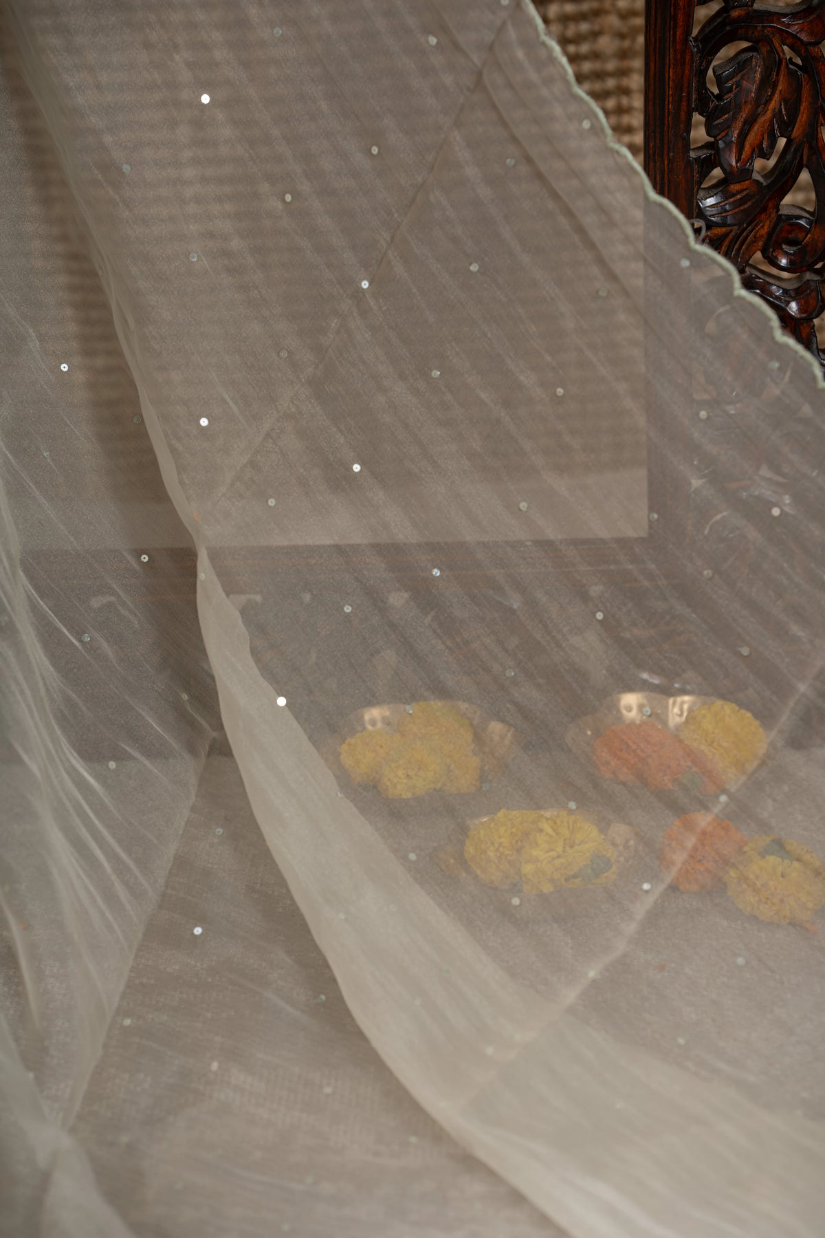 Organza Sequin Cream Saree With Scallop Border