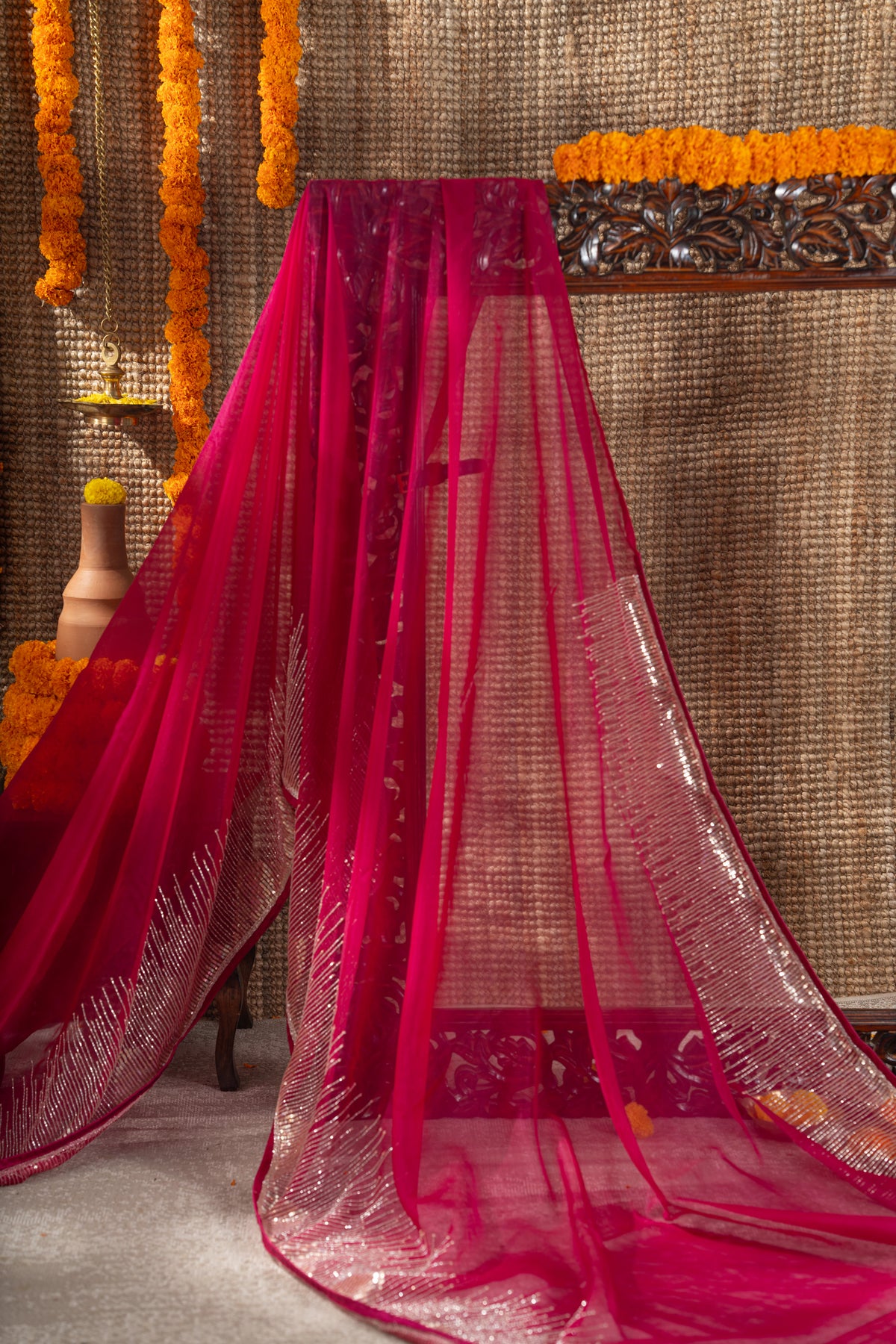Georgette Plain Hot Pink Saree With Beads And Sequin Work Border