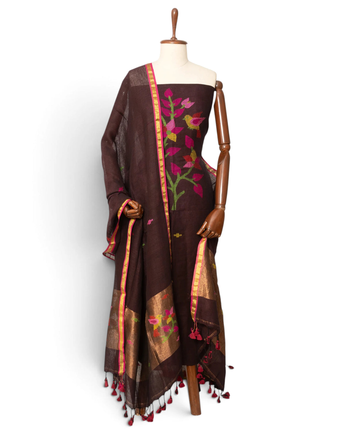 Linen Butta Brown Salwar Suit Set W/O Bottom