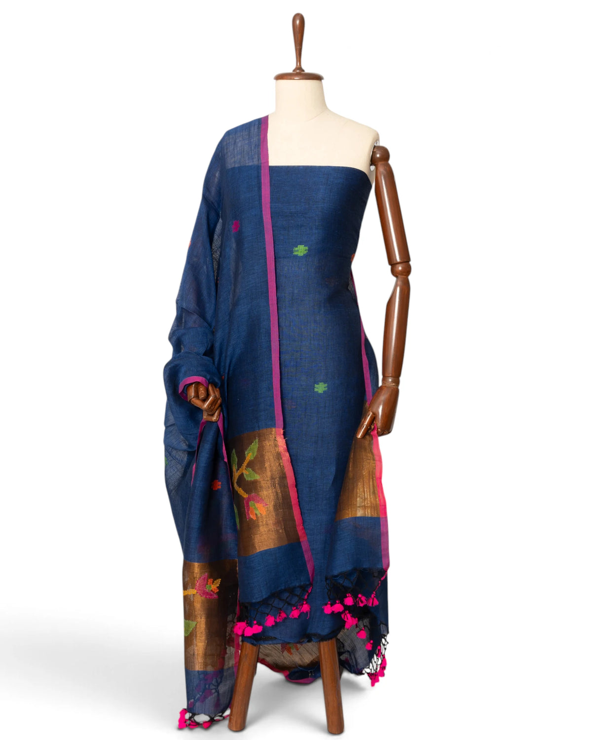 Linen Butta Dark Blue Salwar Suit Set W/O Bottom