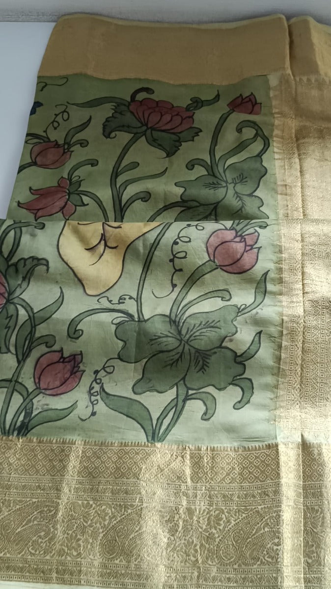 Kanchipuram Silk Kalamkari Hand Painted Green Saree