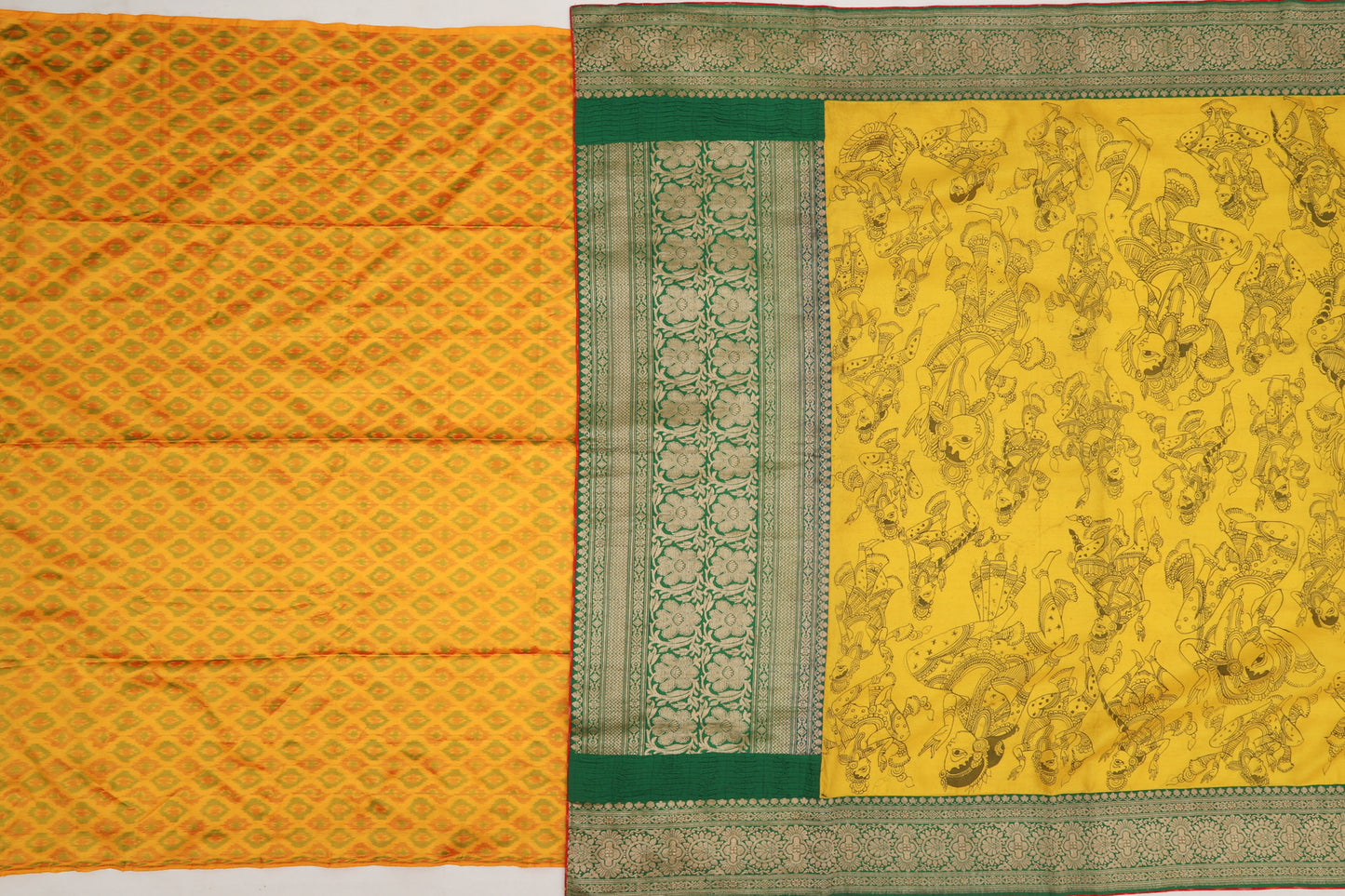 Kalamkari Silk Hand Painted Yellow Saree With Banarasi Border