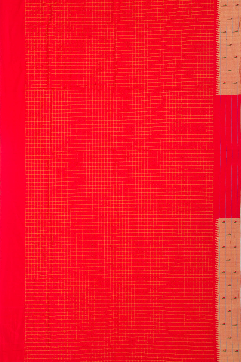 Paithani Silk Checks Red Saree With Triple Muniya Border
