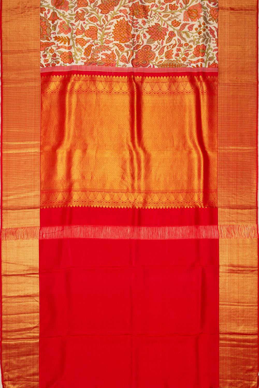 Kanchipuram Silk Floral Printed Cream Saree