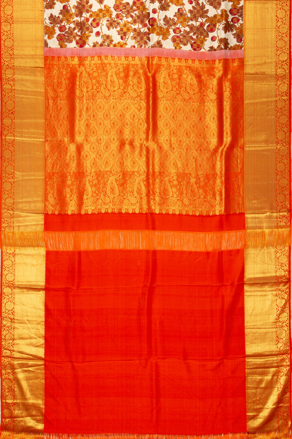 Kanchipuram Silk Floral Printed Cream Saree