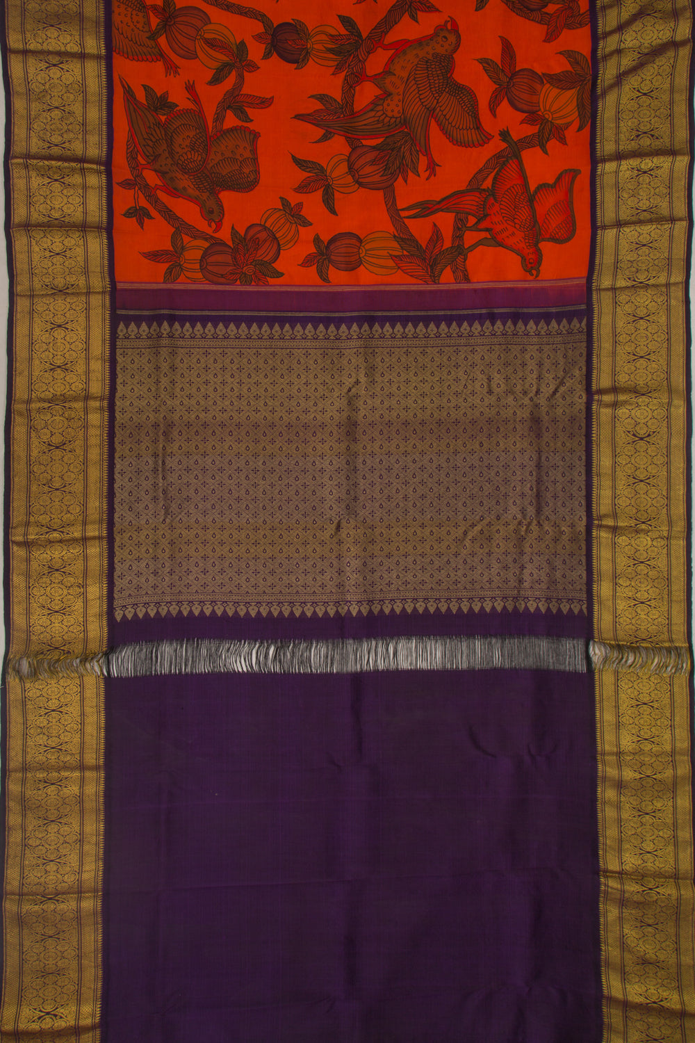 Kanchipuram Silk Kalamkari Orange Saree