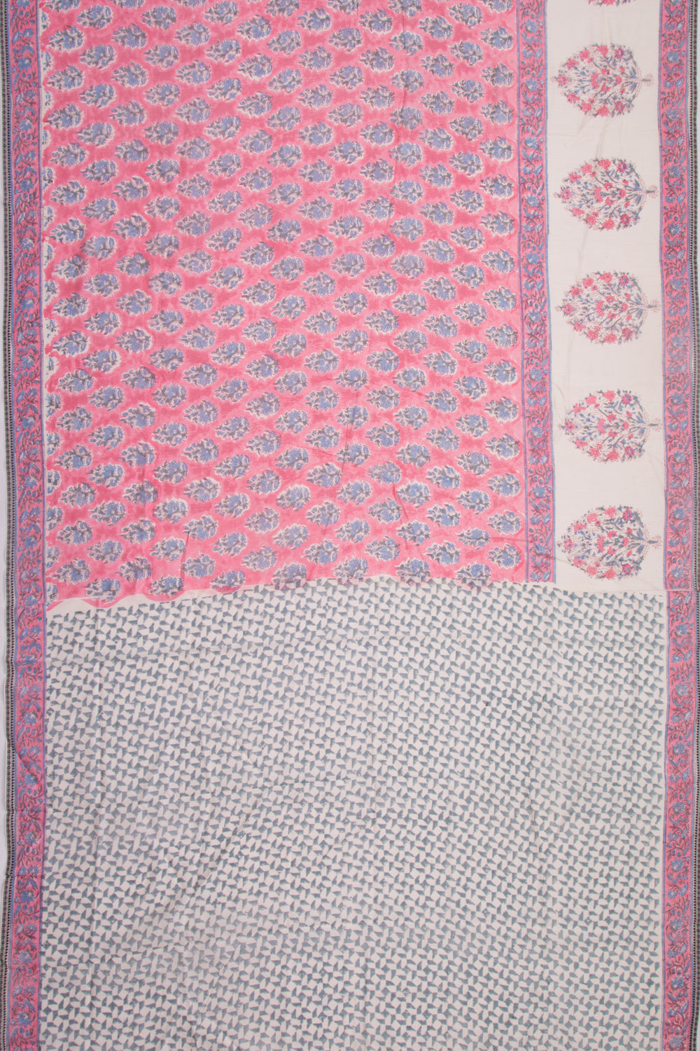 Handspun Cotton Block Printed Pink Saree