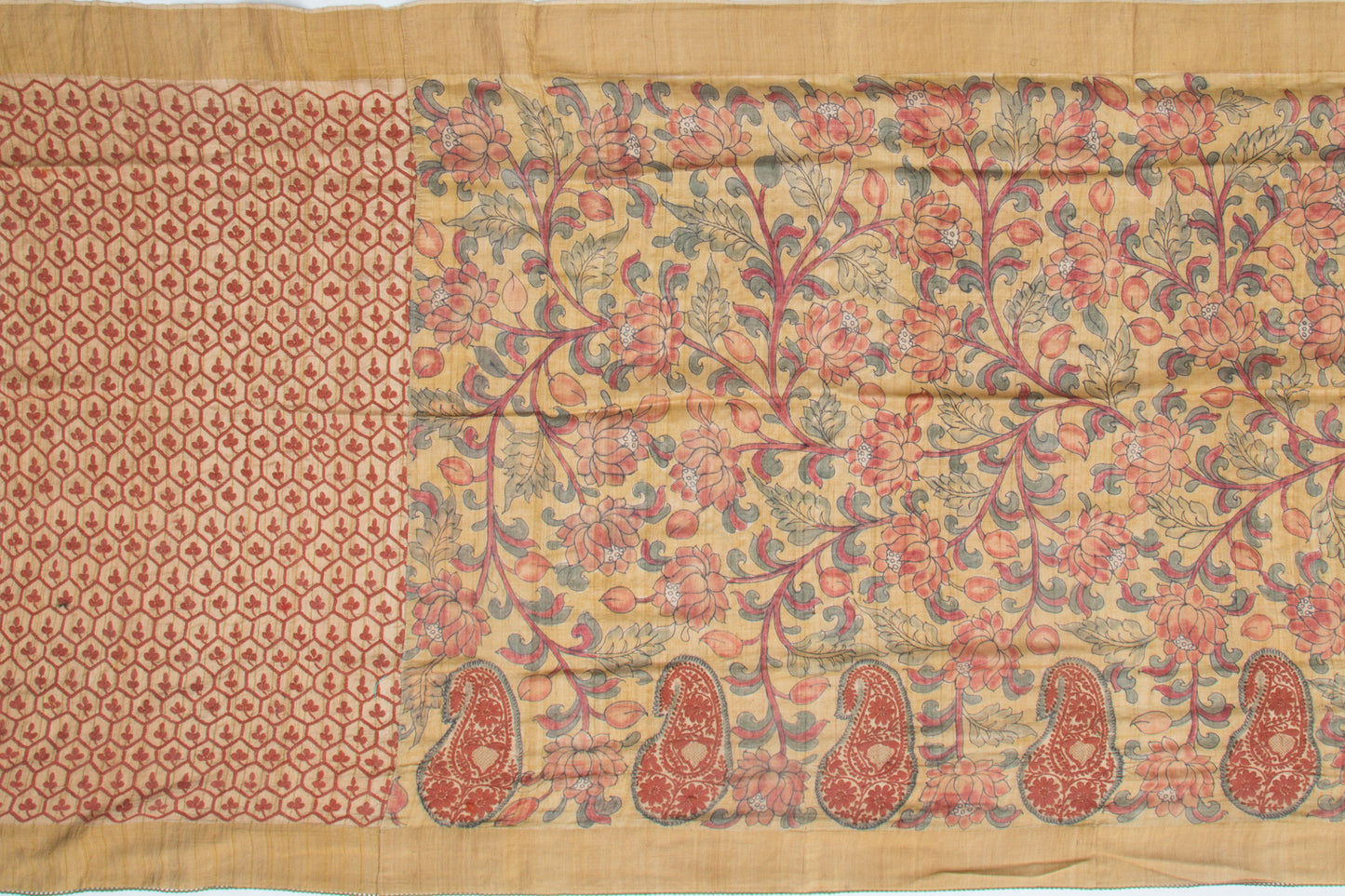 Tussar Kalamkari Hand Painted And Chikankari Beige Saree