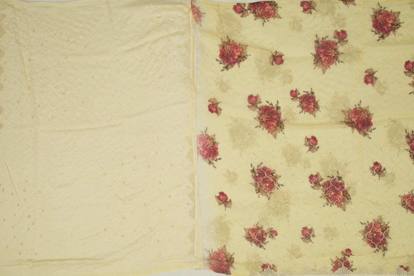 Organza Floral Printed Yellow Saree With Pearl Work All Over