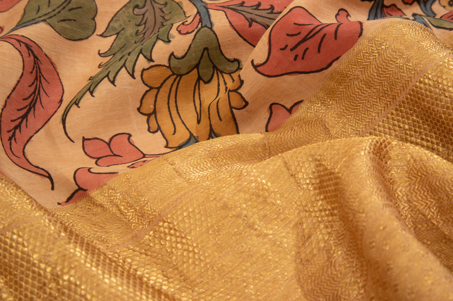 Kanchipuram Silk Kalamkari Jaal Sandalwood Cream Saree
