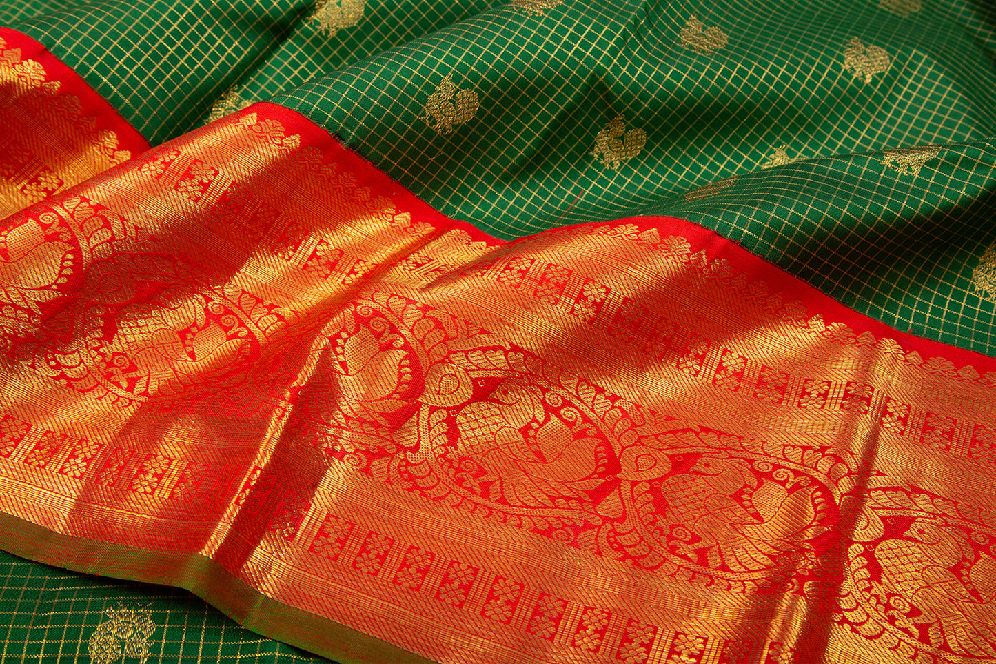 Kanchipuram Silk Checks And Butta Green Saree