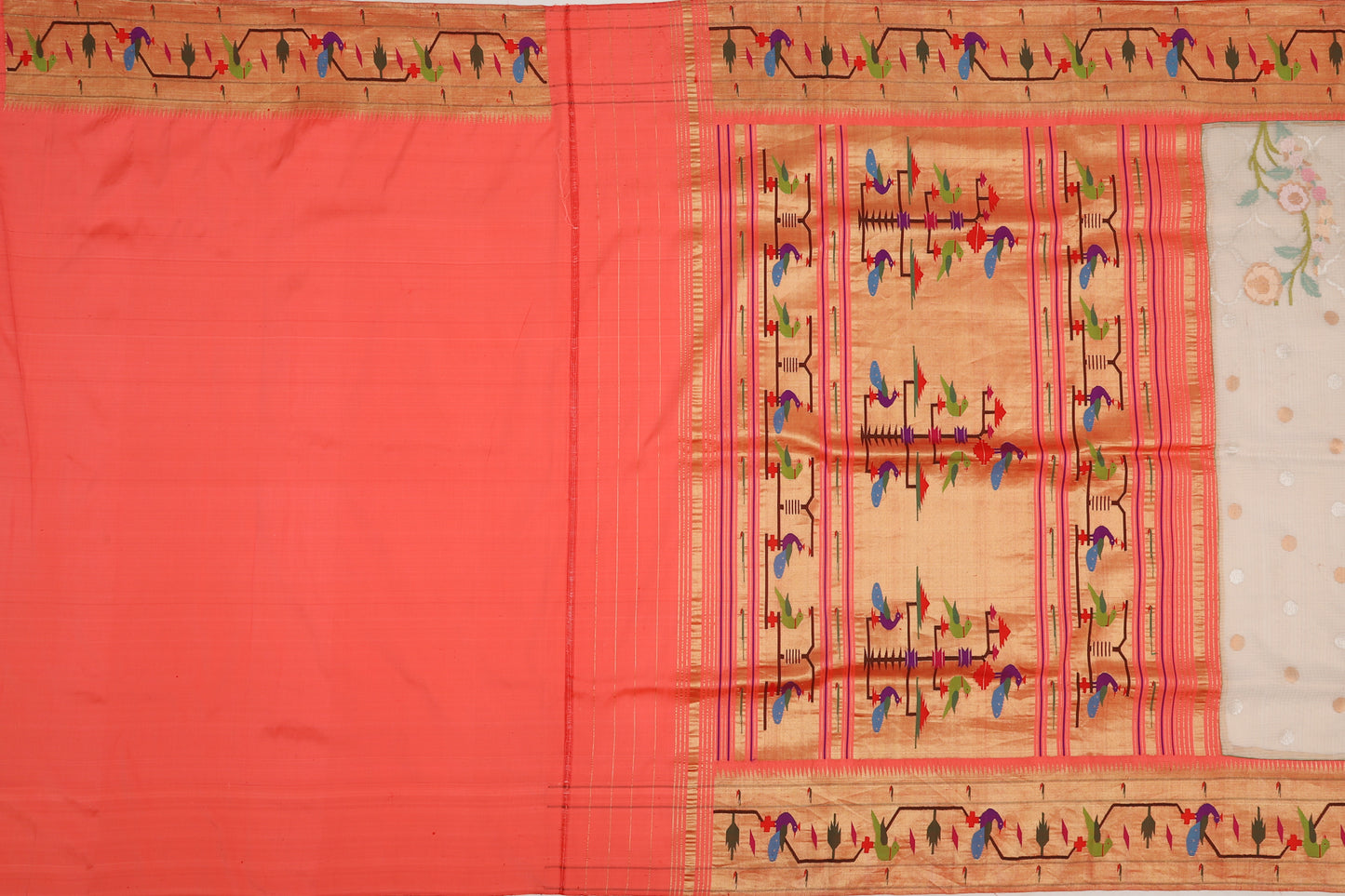 Kota Silk Tissue Jamdani Cream Saree With Akruthi Paithani border