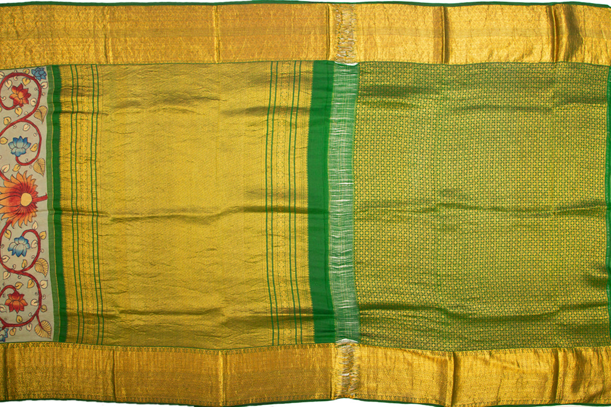 Kanchipuram Silk Kalamkari Hand Painted Pastel Green Saree