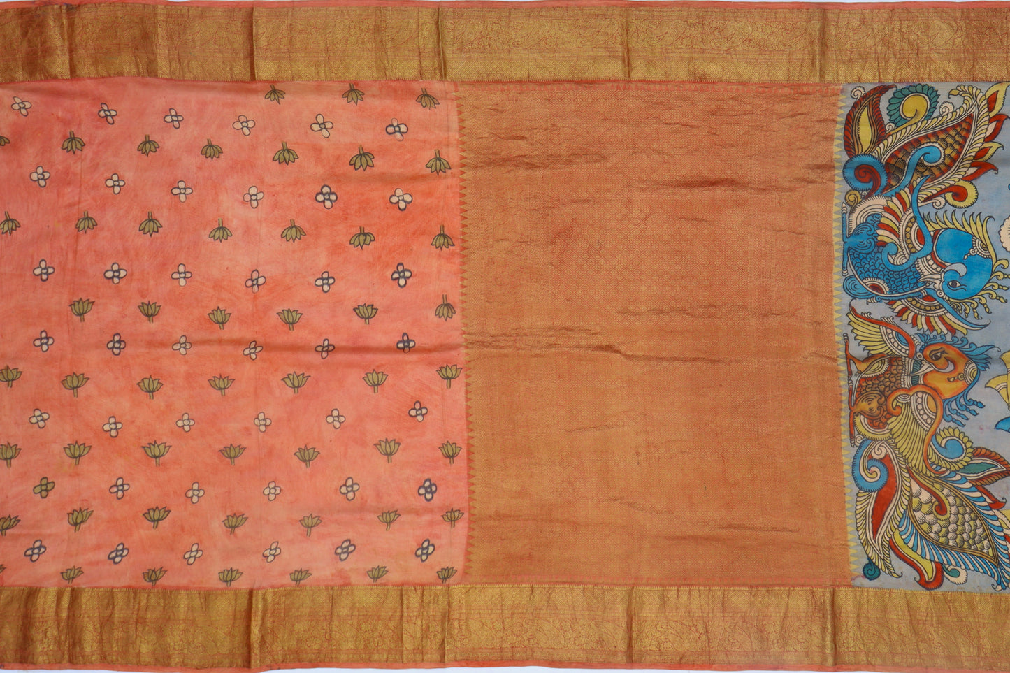 Kanchipuram Silk Kalamkari Hand Painted Light Blue Saree