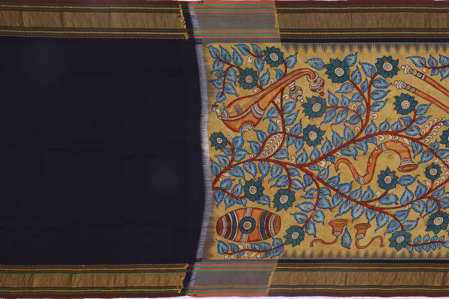 Gadwal Silk Kalamkari Hand Painted Florals Cream Saree