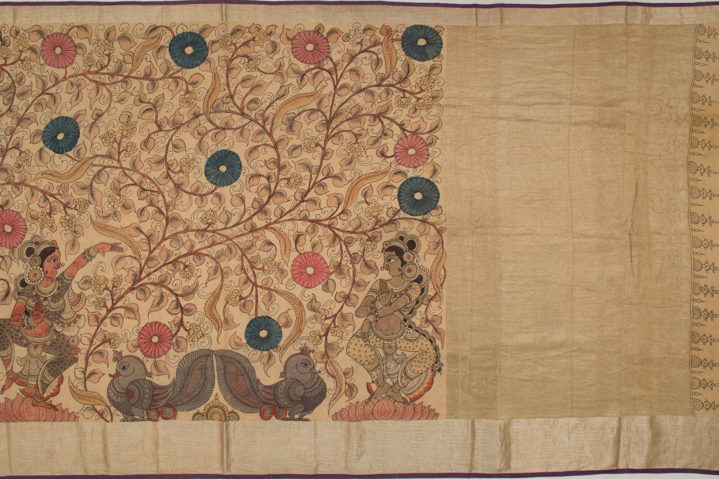 Kanchipuram Silk Kalamkari Hand Painted Cream Saree